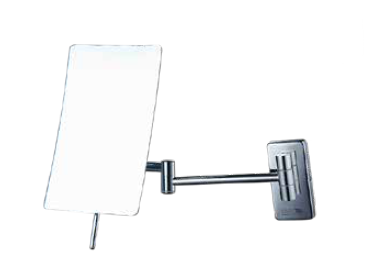 Rectangular magnifying bathroom mirror with chromed finish and double arm